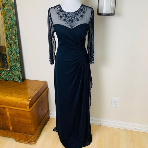 Patra Size 10 Illusion Jeweled Neck Draped Gown Dress Navy Blue Wedding Cocktail - Picture 2 of 14